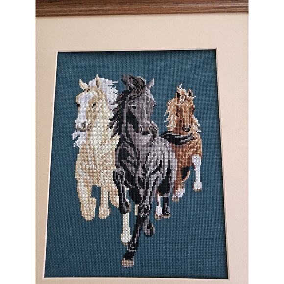 Needlepoint Tapestry Running Horses Framed Art Finished 15x18 - Picture 2 of 10